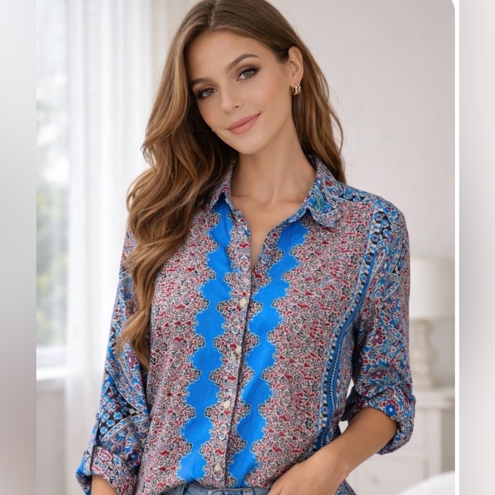 Johnny Was Boho Red Blue Silk Print Blouse S